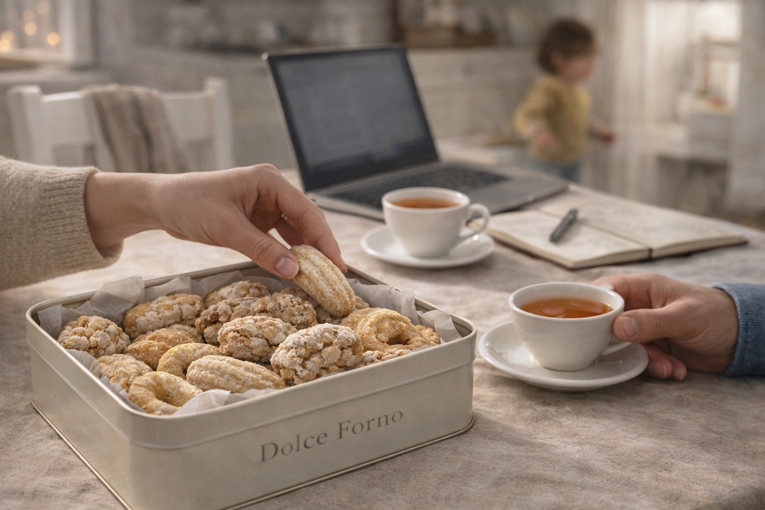 An open biscuit tin on a family table, with tea, hands reaching for biscuits, and everyday objects in the background.
