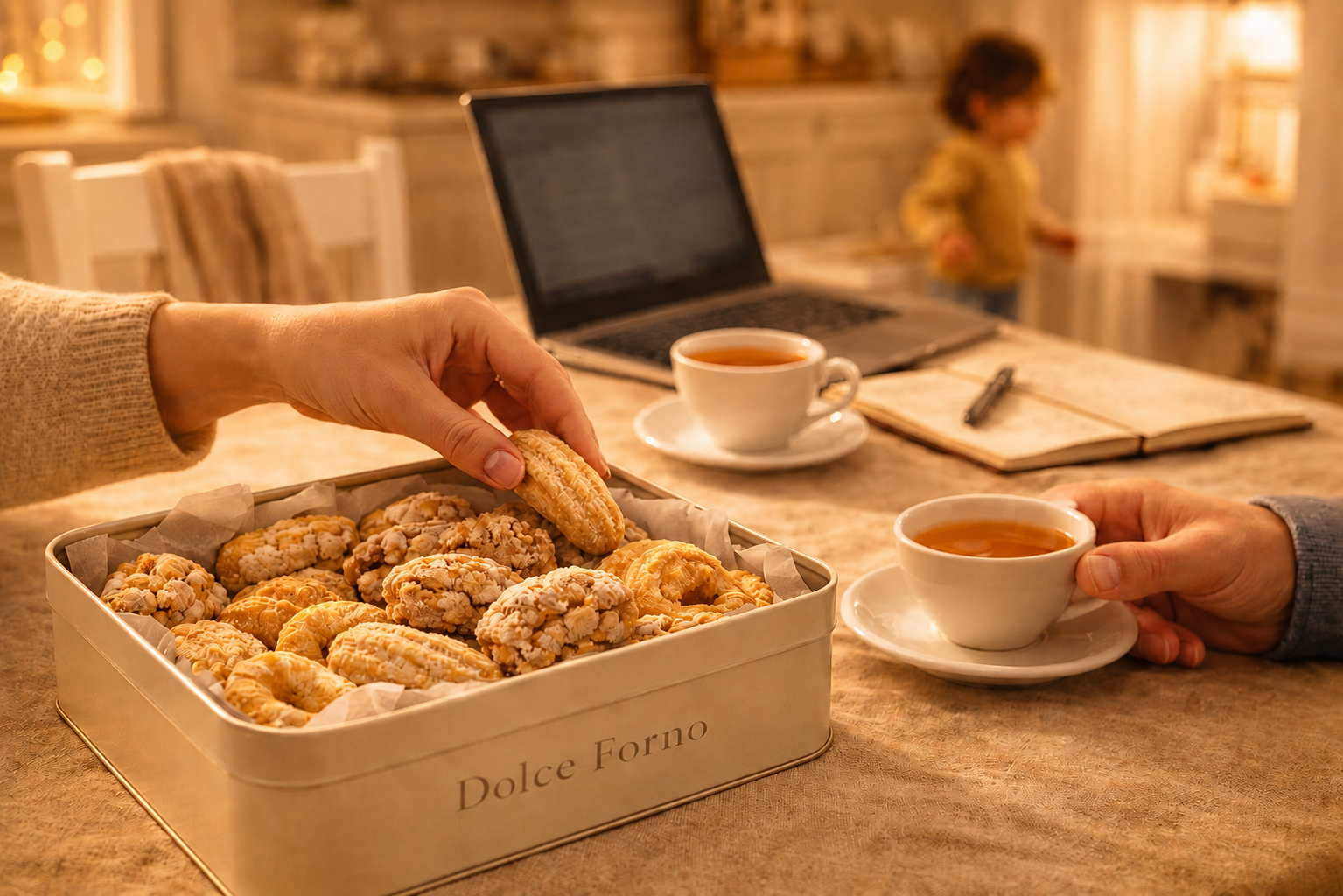 Biscuits shared with coffee on a table.
