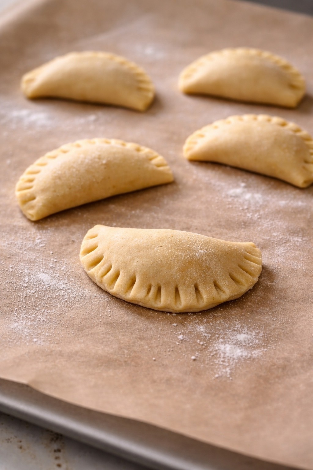 Handmade ravioline biscuits arranged on baking paper.