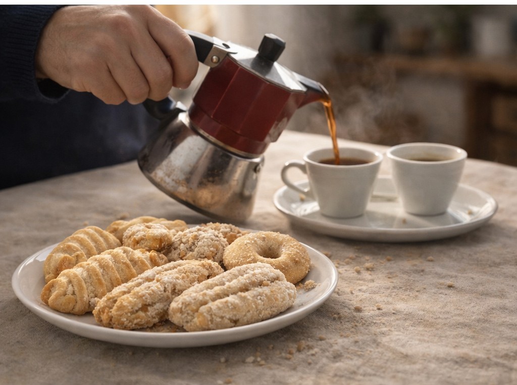 A moka pot pouring coffee beside a plate of biscuits.