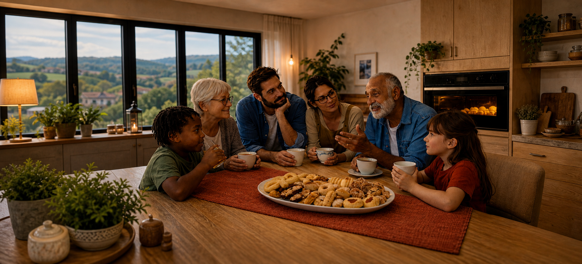 Family sharing coffee and Italian biscuits around the table